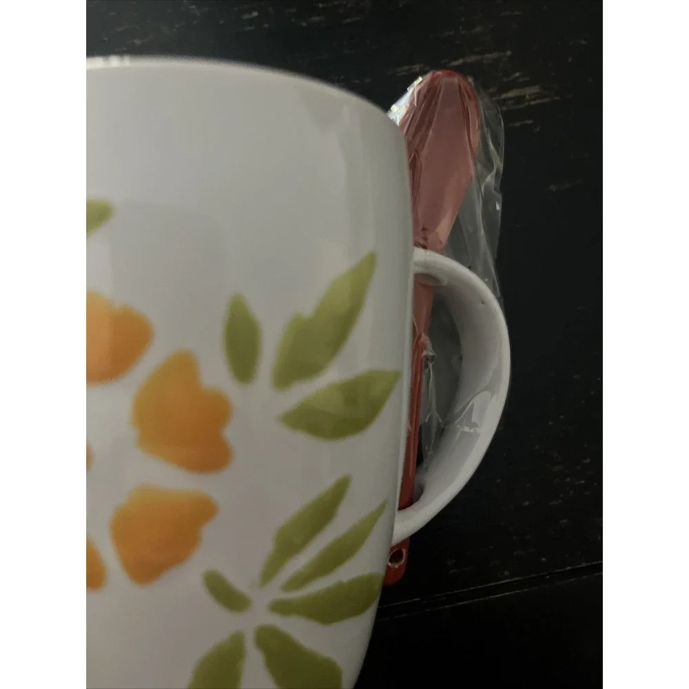 (2) Pier 1 Floral Hand-Painted Stoneware 12 oz. Coffee Mug Cup White Orange Red